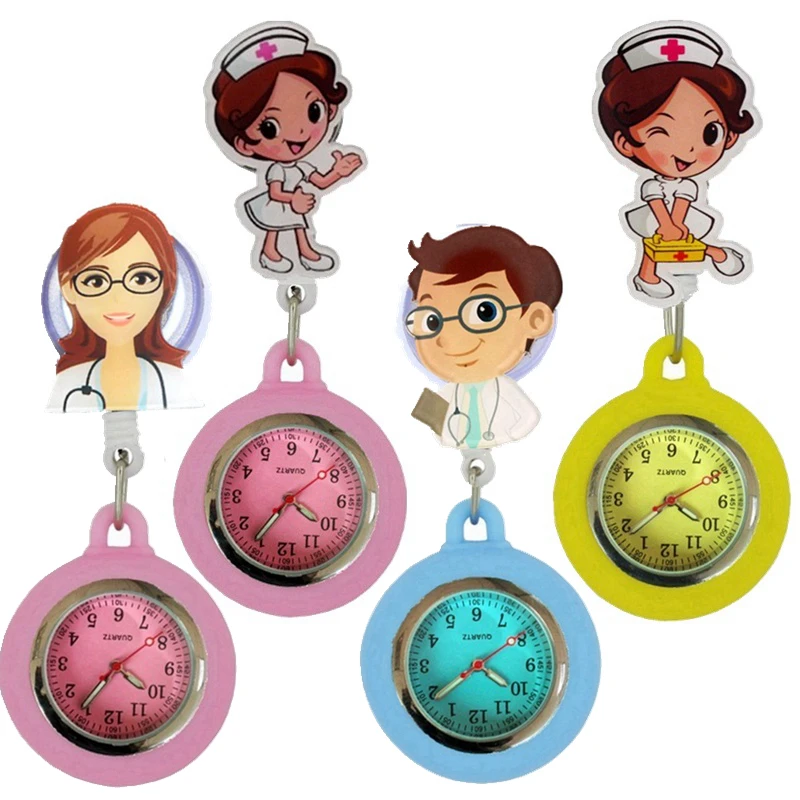 

cartoon 3D Retractable Badge Reel nurse FOB pocket watches unisex men women ladies doctor colourful lovely quartz gift watches