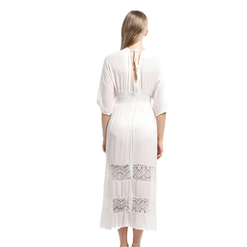 Женские белые платья весна лето кружевное платье женские плиссированные длинные белые платья с v-образным вырезом Макси платье праздничное платье