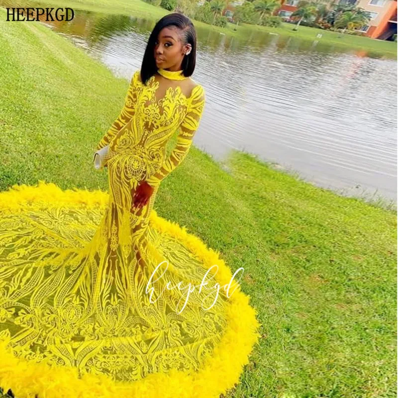 Graceful Yellow Lace African Evening Dresses With Feathers Long Sleeves Mermaid Black Girls Special Occasion Dress Plus Size | Свадьбы и
