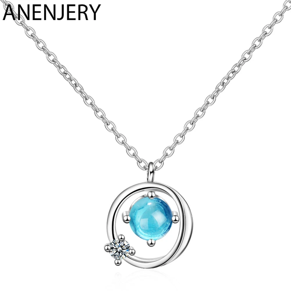 

ANENJERY Simple 925 Sterling Silver Planet Necklace For Women Blue Crystal Trendy Chain Necklace choker collares S-N448