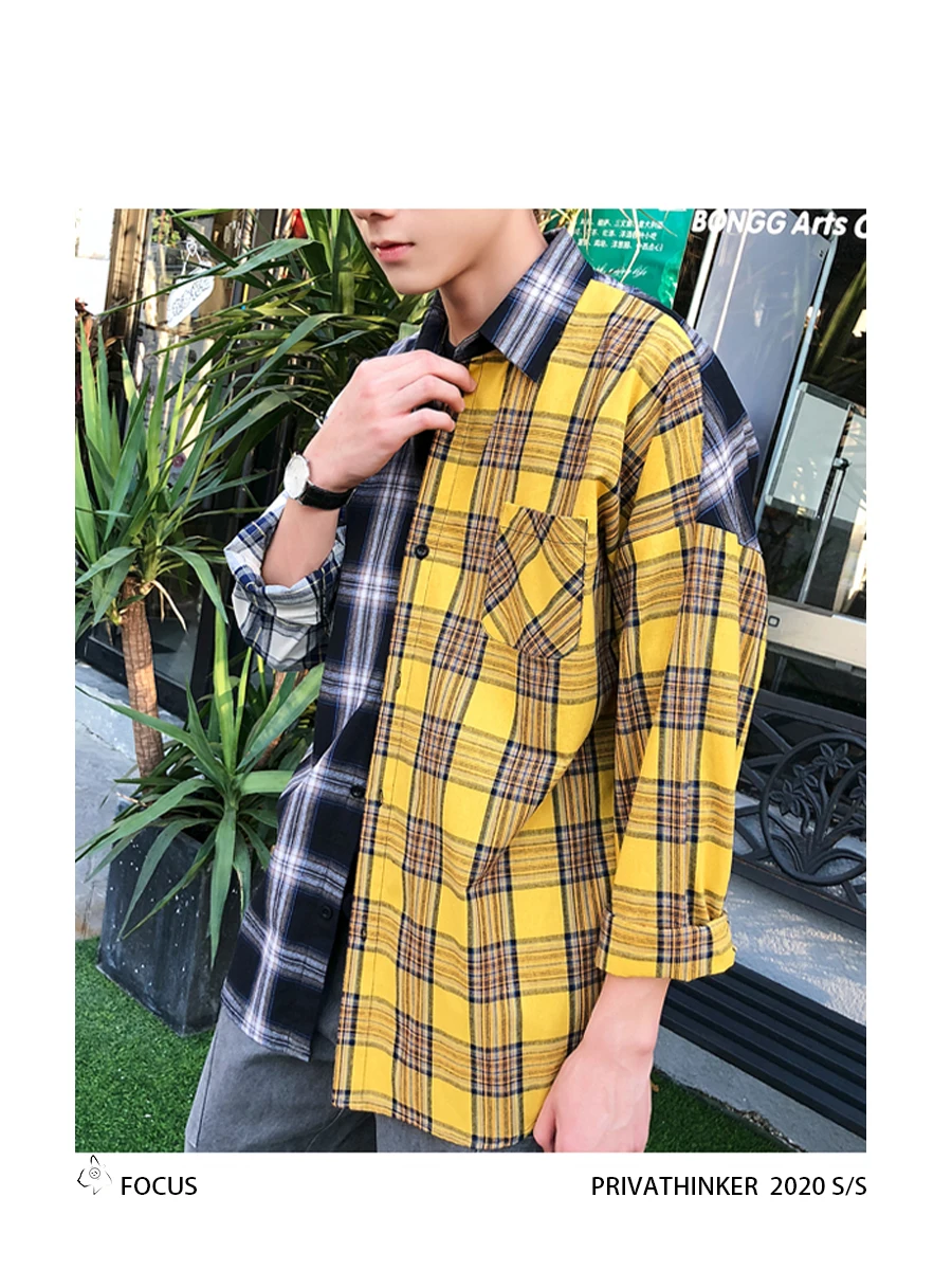 Korean Plaid Shirts For Men Fashion Patchwork Long Sleeve Casual Shirt Hip Hop Streetwear Man Blouse
