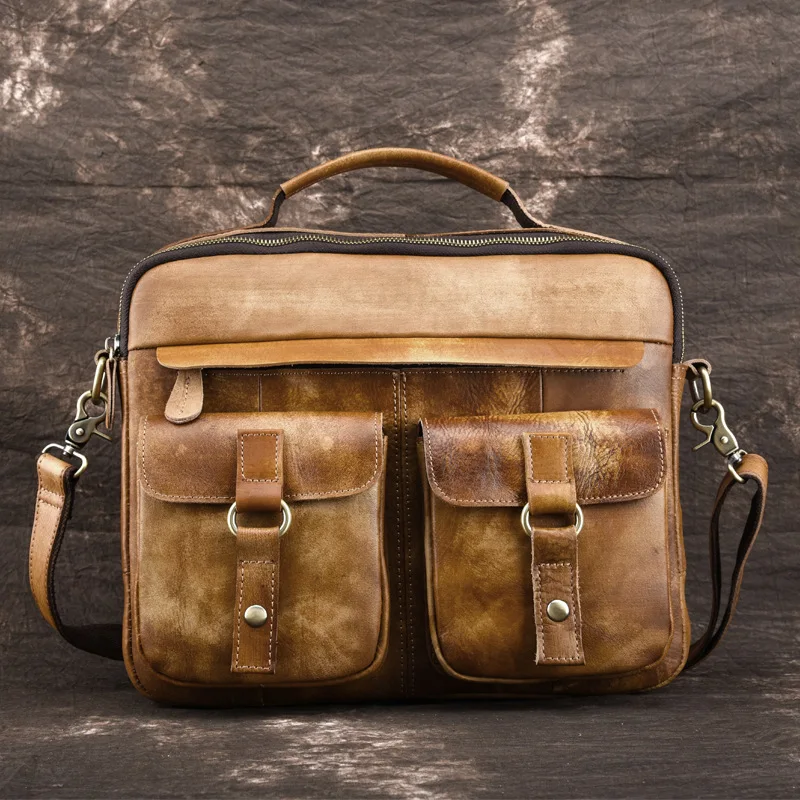

Man Single Shoulder Package Oblique Satchel Leisure Time Vegetable Tanning Leather Soft Leather Backpack Double-deck Male