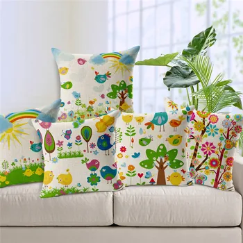 

Decorative throw pillow cover case Small fresh cartoon flowers butterfly green tree cotton linen cushioin cover for sofa home