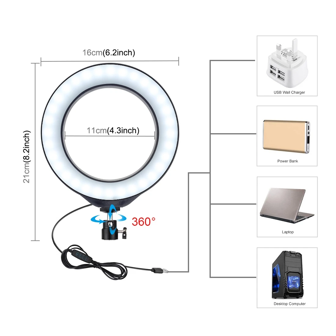 PULUZ PU392 6.4 inch 16cm USB 3 Modes Dimmable LED Ring Vlogging Photography Video Lights with Cold Shoe Tripod Ball Head