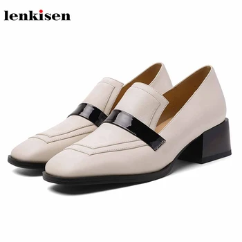 

Lenkisen new mixed colors genuine leather loafers shoes round toe med heels slip on fashion women british style spring pumps L01