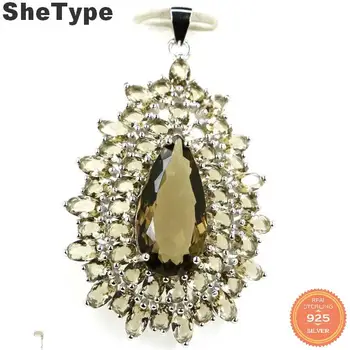 

48x30mm SheType European Style 7.5g Created Big Drop Shape Smoky Topaz 925 Solid Sterling Silver Pendant