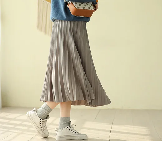 New Style Solid Women Pleated Skirts Female All-match Elastic Wasit Retro Spring Casual Skirts Women falda mujer Black Grey