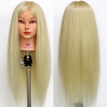 

Blonde 26" 100% Real Animal Hair Training Mannequin Head Professional Hairdressing Dummy Dolls Head Hair Styling Wig Head +Stand