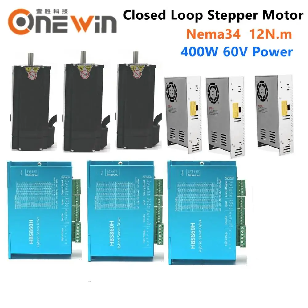 

3 set 12N.m Nema34 86mm closed loop stepper motor 2 phase 86HBS120 and HBS860H Hybird Easy Servo 400W 60V switch power supply
