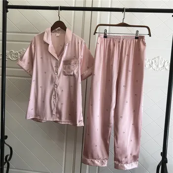 

Youhottest Silk Pajamas For Women Satin Short Sleeve Pajamas Sets Turn down Collar Top+Long Pants Sleepwear