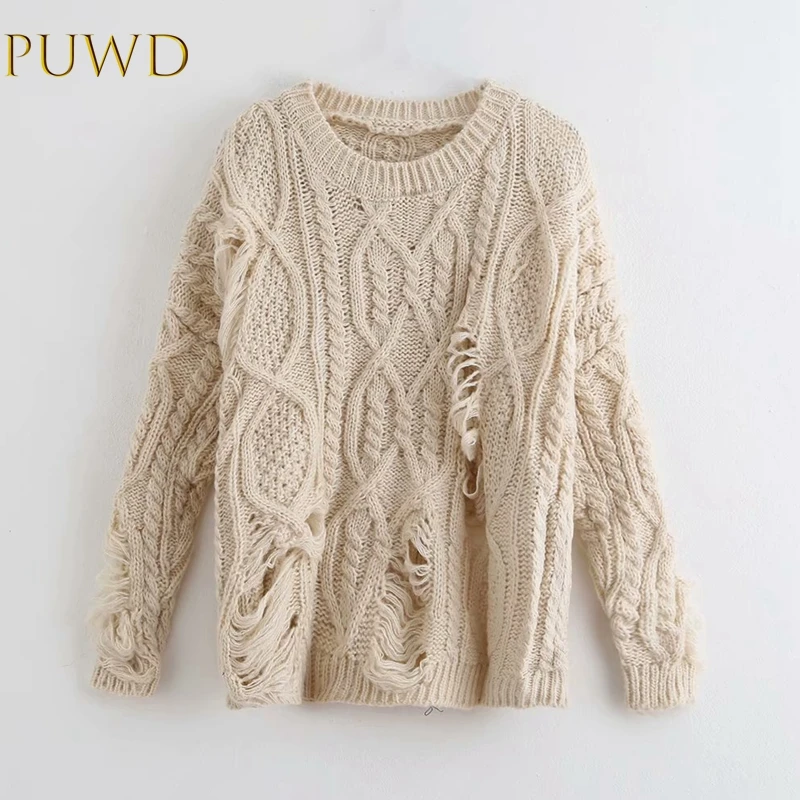 

PUWD 2019 autumn women's new loose lazy wind long-sleeved sleeve head broken hole hemp sweater fashion sweater
