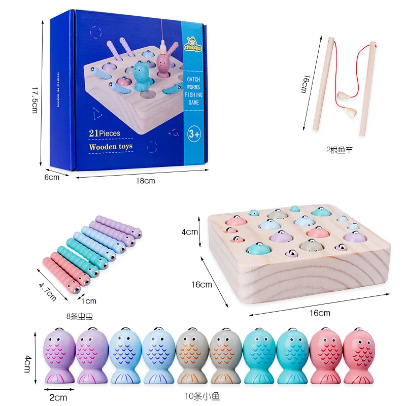

Wooden Magnetic Fishing New Style 3D Catch Goldfish Stereo Catch Worm Game-in-Toy