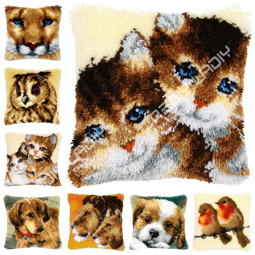 Latch Hook Cushion Cover Lion Face Crocheting Yarn Pillow Case Printed Canvas Crochet Arts & Crafts 43x43cm Sofa Bed Pillow