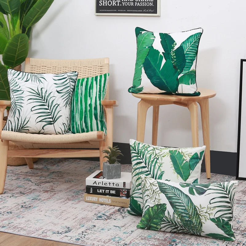 

Tropical Plant Green Leaves Digital Printed Pillowcase Modern Simplicity Binding Cushion Cover Home Living Room Sofa Decoration