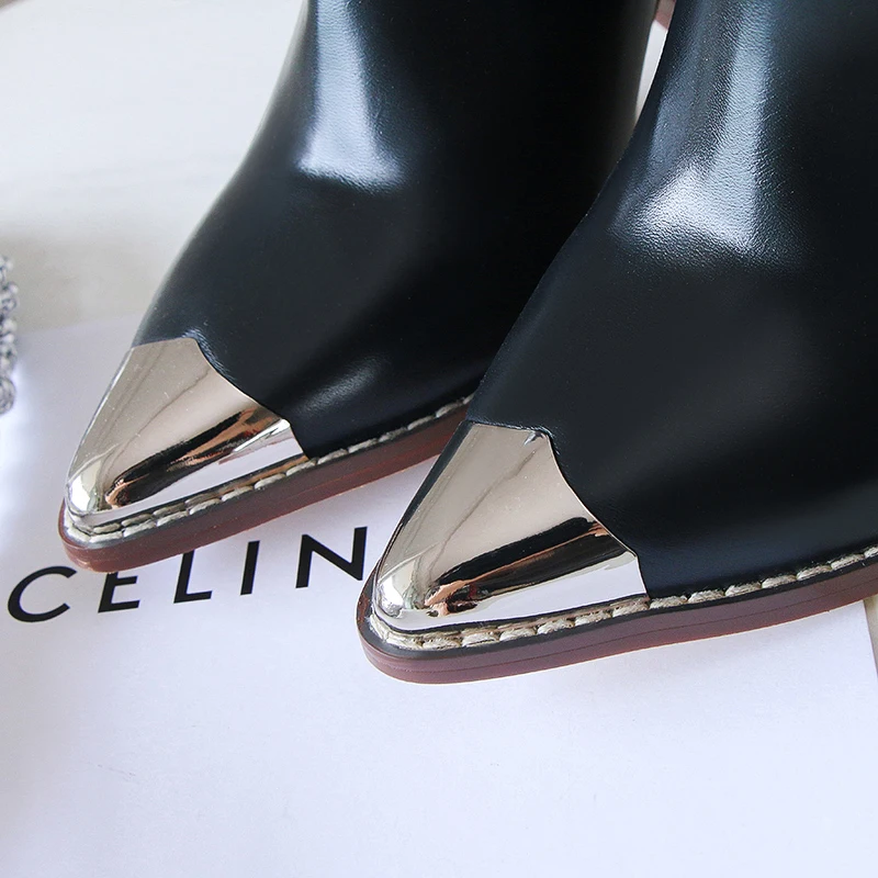 Женские ботинки в западном стиле; ботинки из натуральной кожи; женские ботинки с металлическим острым носком на высоком каблуке; сезон осень-зима; Модные ботильоны в западном стиле
