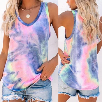 

Summer Fashion Tie-dye Vest Women Casual V Neck Sleeveless Printed Top Ladies Daily Loose Tank Top Female Waistcoat D30