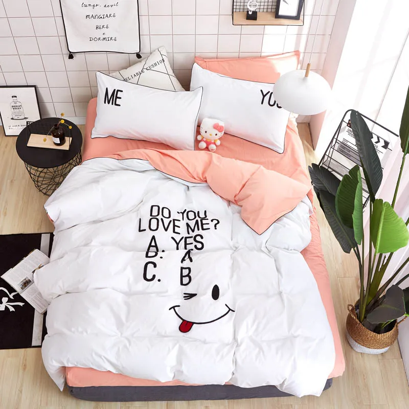 

4Pcs/Set Solid Bed Sheet Pillowcase & Duvet Cover Sets 10 Style Text Bedding Set Love Towel embroidery Home Bed Set Textile