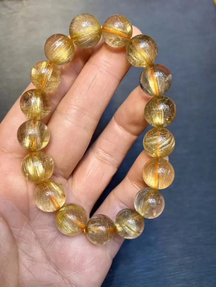 

12mm Natural Brazil Gold Rutilated Bracelet Jewelry For Woman Man Crystal Titanium Round Beads Stone Stretch AAAAA Certificate
