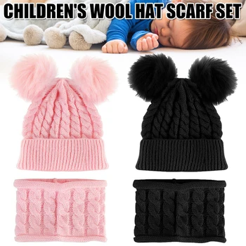 

Kids Boy Girl Pom Hat Kit Winter Warm Knit Bobble Beanie Cap Scarf Set with Two Pompom LL@17