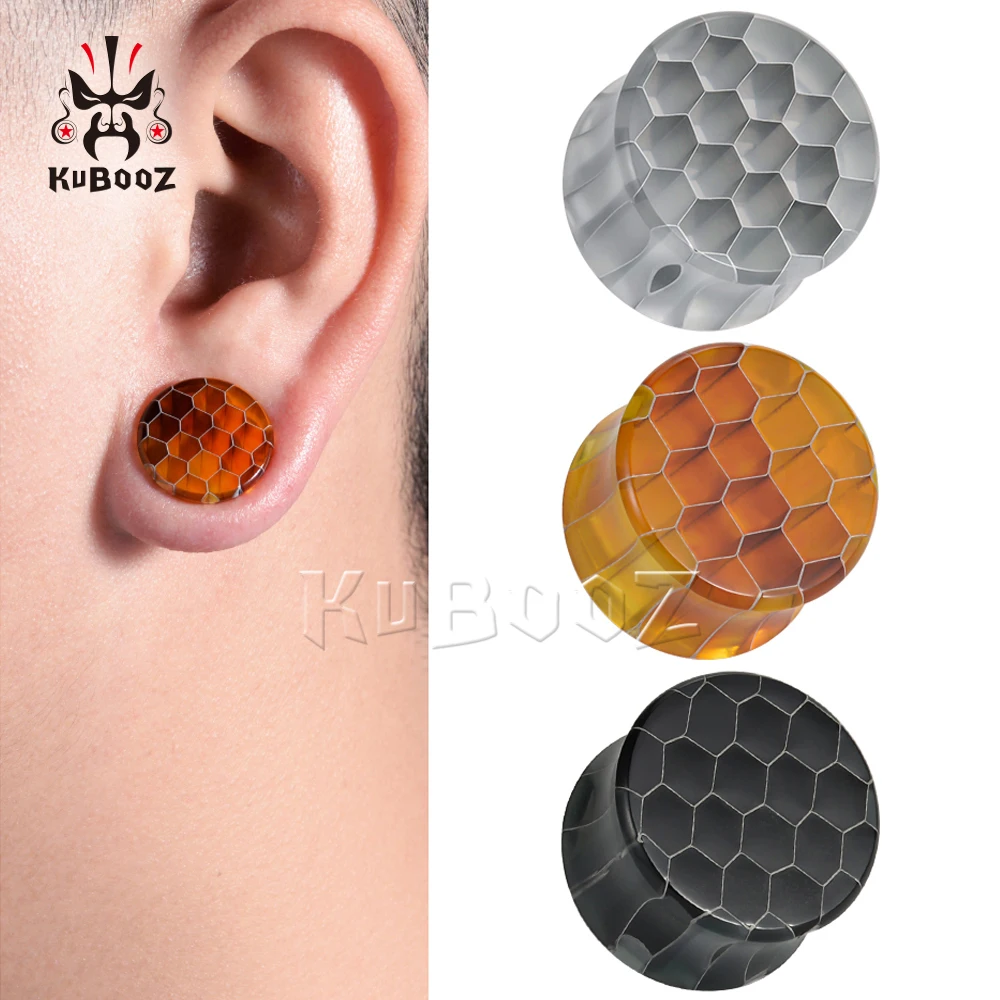 

KUBOOZ Newest Popular Acrylic Transparent Honeycomb Ear Piercing Plugs Stretchers Body Jewelry Earring Tunnels Expanders 2PCS