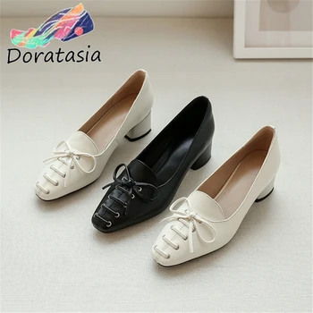 

DORATASIA Brand Square Toe Girl Genuine Leather Lace Up Butterfly Knot Slip On Pumps Pumps Women Square Heel Black Shoes Woman