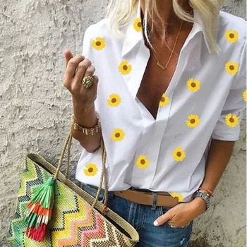 

Long Sleeve Print Women Blouse Office Lady Turn-down Collar Blouse Elegant Plus Size Top Female 2020 Fashion Daisy Woman Tops