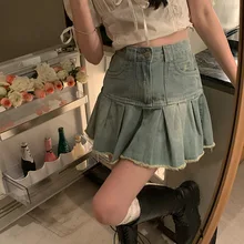 

Fashion Old Denim Sexy Skirt Female High Waist Slim Short Skirt 2021 Summer Temperament Raw Edge A-line Skirt Women's Clothing