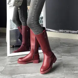 Rimocy/женские кожаные сапоги до середины икры красные сапоги на квадратном каблуке 4 см на молнии Женская модная обувь осень-зима Бежевая