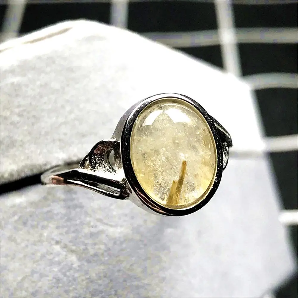 

Top Natural Gold Rutilated Ring Jewelry For Woman Lady Man Quartz Clear Crystal 12x10mm Beads Silver Adjustable Size Ring AAAAA