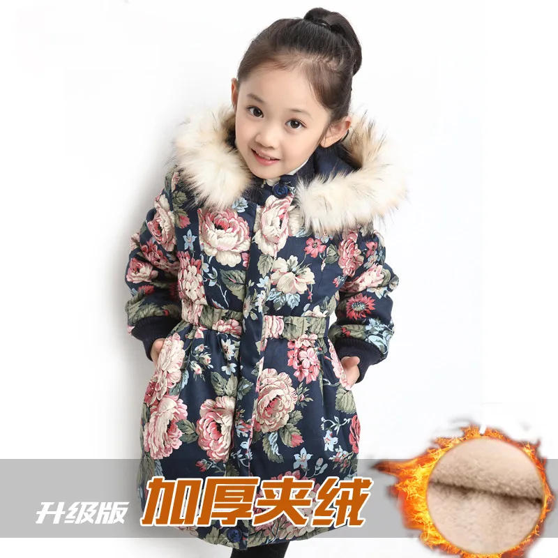 

Girl Plus Velvet Peony Print Winter Clothes Kids Flower Long Warm Coat Children Hooded Zipper Jacket 2-11yrs Girls Thick Clothes