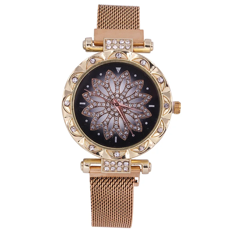 Популярные Роскошные модные женские часы из розового золота с магнитной пряжкой, элегантные женские наручные часы с цветами, женские магнитные часы