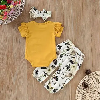 

3Pcs Baby Girl Clothes Set Short Sleeved Romper + Floral Trousers + Headband Newborn Toddler Outfits