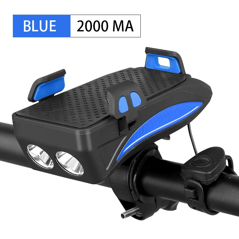 4 в 1 велосипедный фонарь, передний велосипедный светильник, держатель для телефона, подставка на руль с функцией велосипедного звонка, внешний аккумулятор, велосипедный светильник для MTB - Цвет: Blue