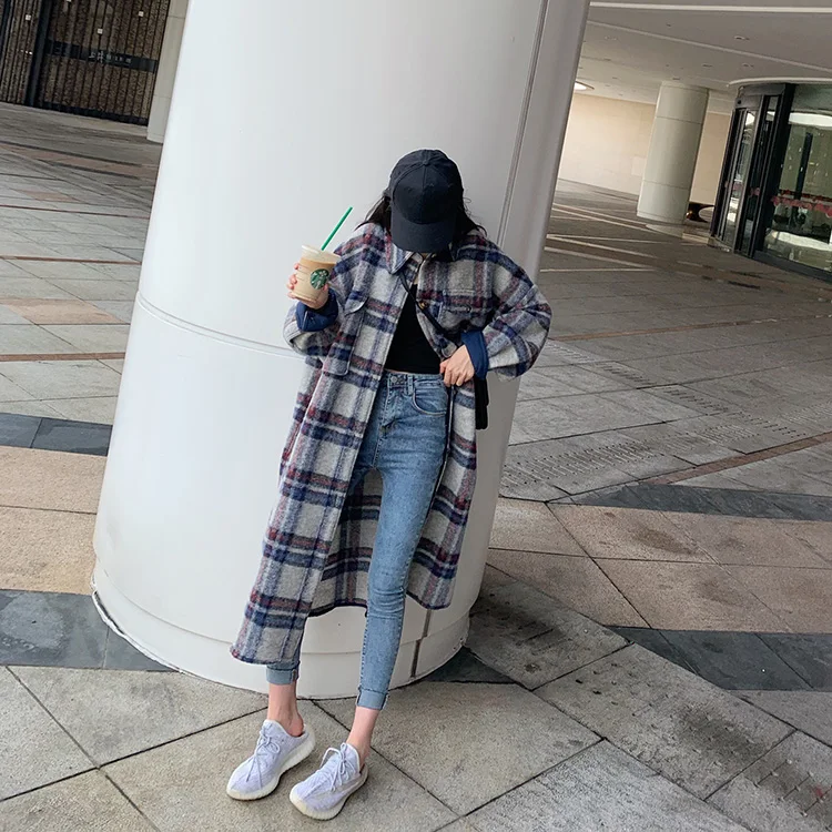 Women Elegant Woolen Coat Plaid Print Wool Turn Down Collar OG0696