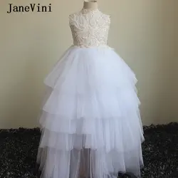 JaneVini/роскошное белое кружевное платье с цветочным узором для девочек, расшитое бисером; платье трапециевидной формы с высоким воротом без
