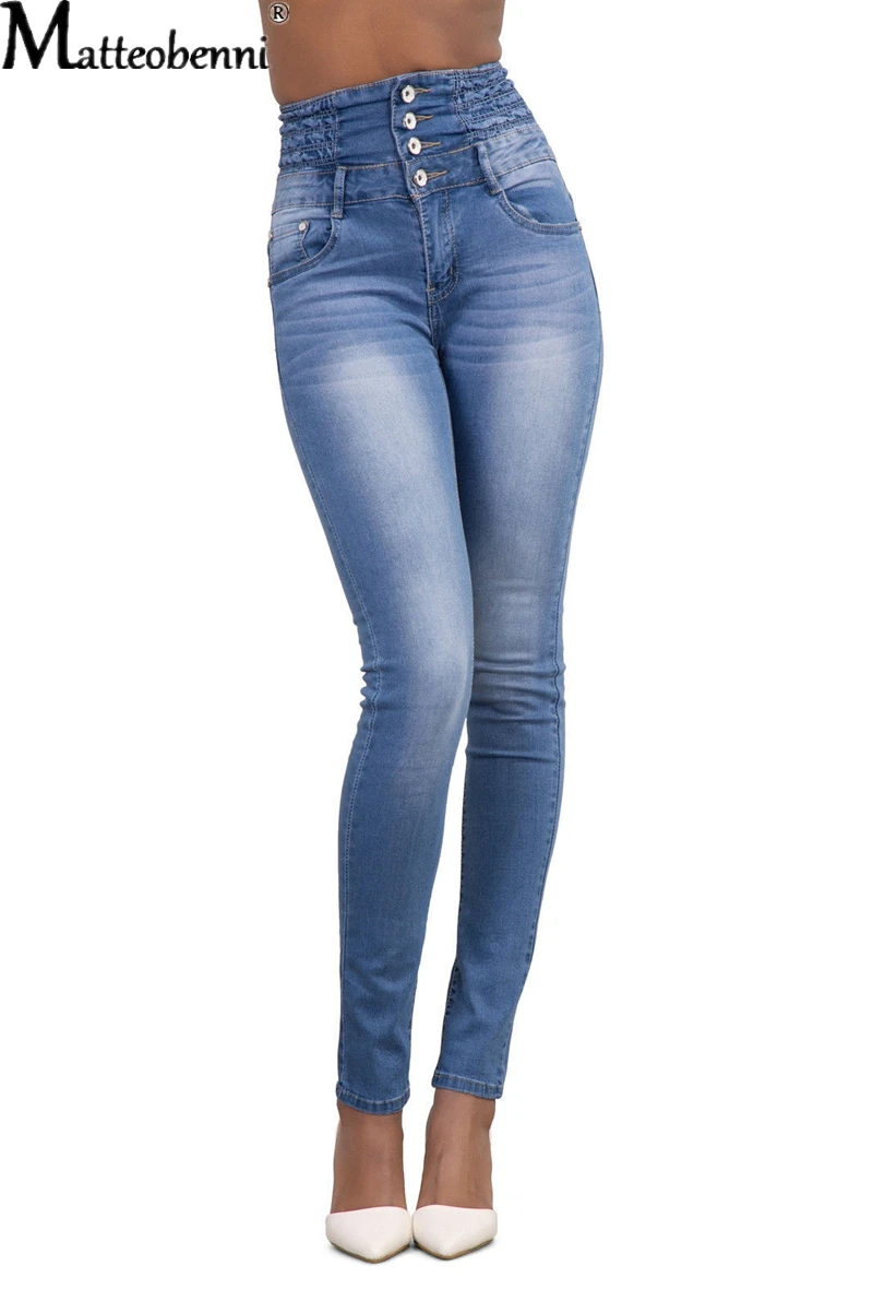 Jeans jeans skinny de cintura alta para mulheres, calças lápis stretch finas, moda casual para senhoras, outono e inverno