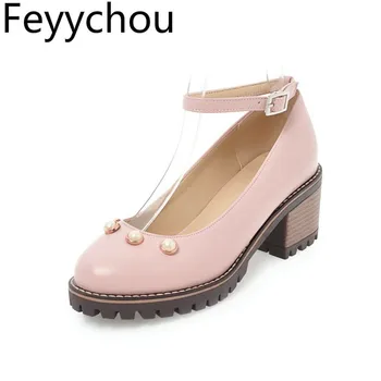 

Women's Pumps High Heel Pu Round Toe Buckle Platform Pearl Ankle Strap 2019 Summer New Sexy Fashion Casual Beige Pink Size 34-43