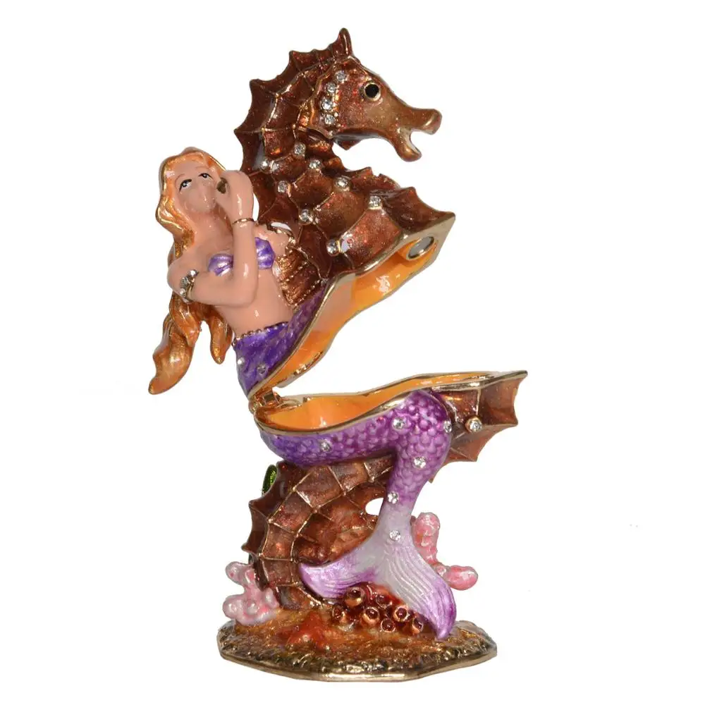 Mermaid Trinket Box Seahorse Enameled Jewelry Container, Nautical Decoration Figurine, Collectible Gift