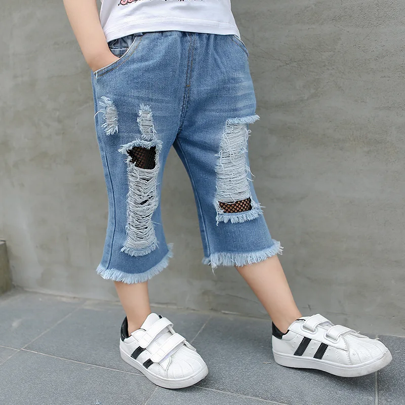 Новинка года; сезон лето; стильная детская одежда для мужчин и женщин; детские джинсы в Корейском стиле из газовой ткани с дырками; Детские повседневные ковбойские шорты