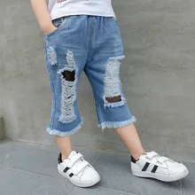 Новинка года; сезон лето; стильная детская одежда для мужчин и женщин; детские джинсы в Корейском стиле из газовой ткани с дырками; Детские повседневные ковбойские шорты