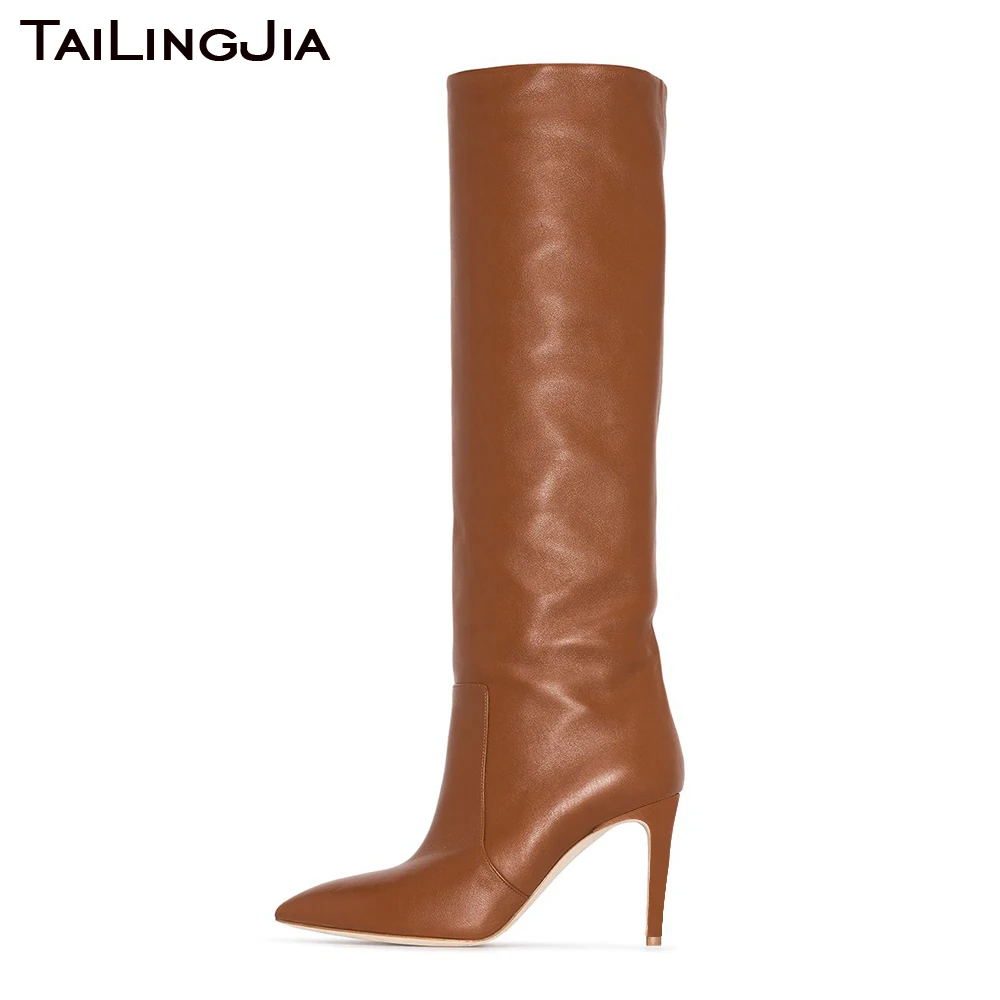 

Женские новые коричневые сапоги до колена из искусственной кожи с острым носком на высоком каблуке-шпильке, теплые зимние длинные сапоги, женская обувь для вечевечерние