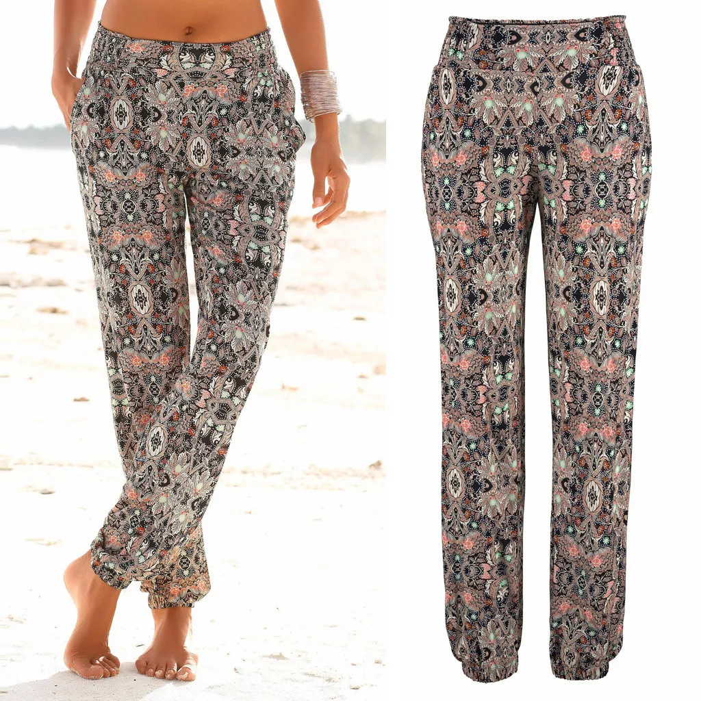 Женские полосатые повседневные брюки с высокой талией и цветочным принтом