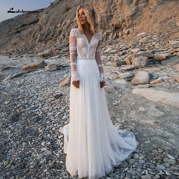 

Chic Boho Long Sleeve Bridal Dress Vestidos Playa 2020 Vintage Lace White Beach Wedding Dress Sheer Illusion Back Mariage Robe