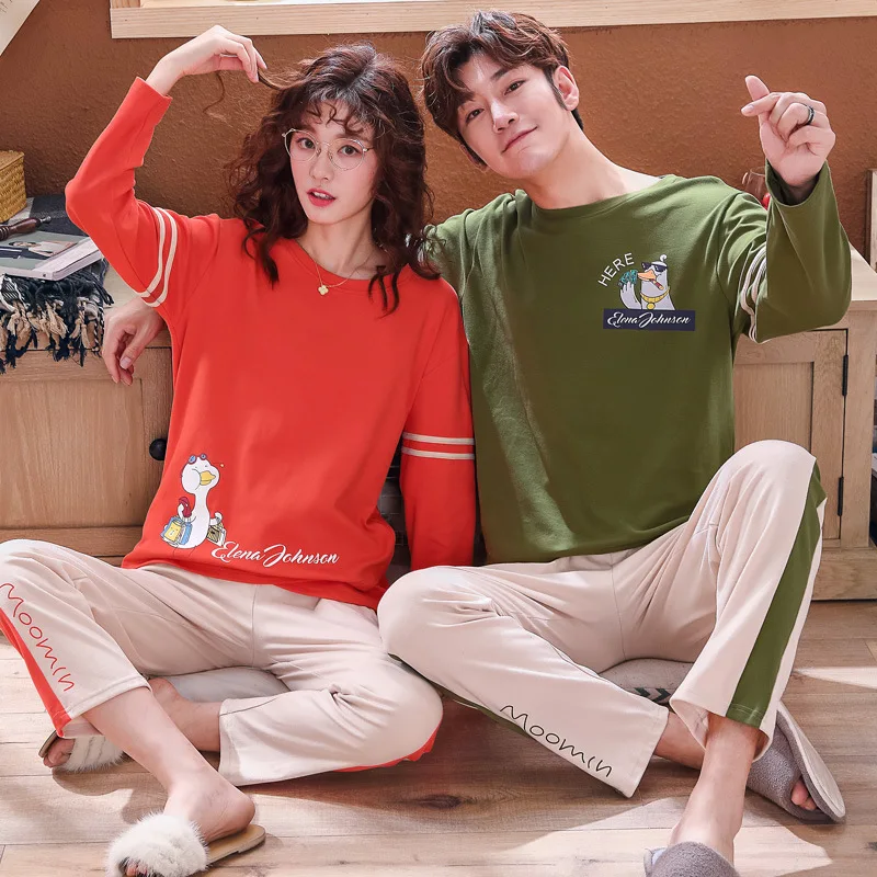 

Z1957 # Lettered Duck Emblem Red And Green Pullover LZ Couples Long Sleeve Pajamas Homewear Set Series