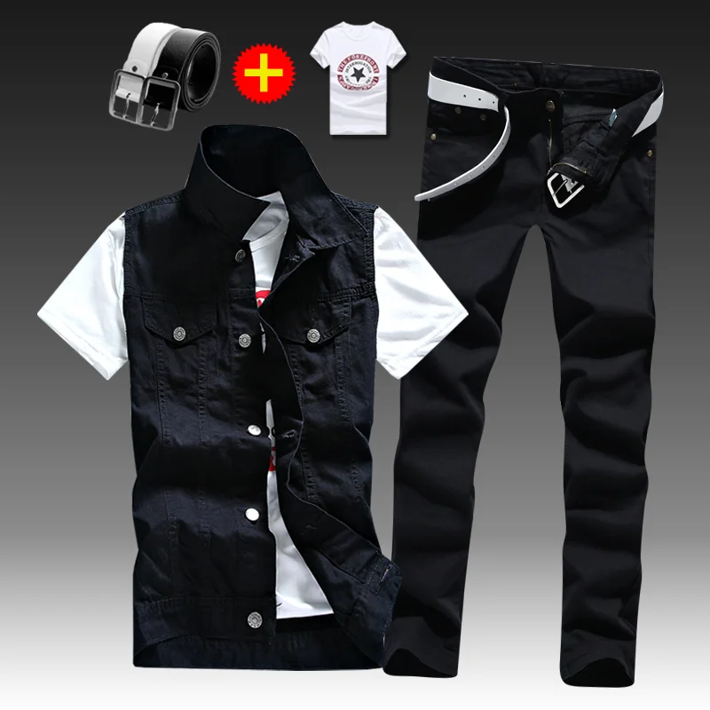 2021 New Thin Mens Vest Trousers 2pcs Set Denim Waistcoat Pencil Pants Casual Boys Slim Fit Single Breasted 3
