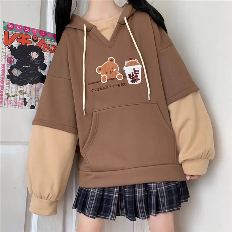 Teen Girls Aesthetic Long Sleeve Pullover Harajuku Fashion Women Hoodies Winter Clothes Kawaii Fleece Cute Bear Anime Sweatshirt
