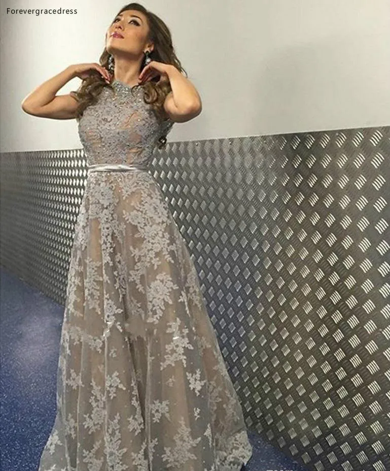 2017 A Line Long Evening Dresses with Short Sleeve Lace Appliques Beaded Formal Evening Dresses Jewel Neck Zipper Back Celebrity Dresses  159 (2)