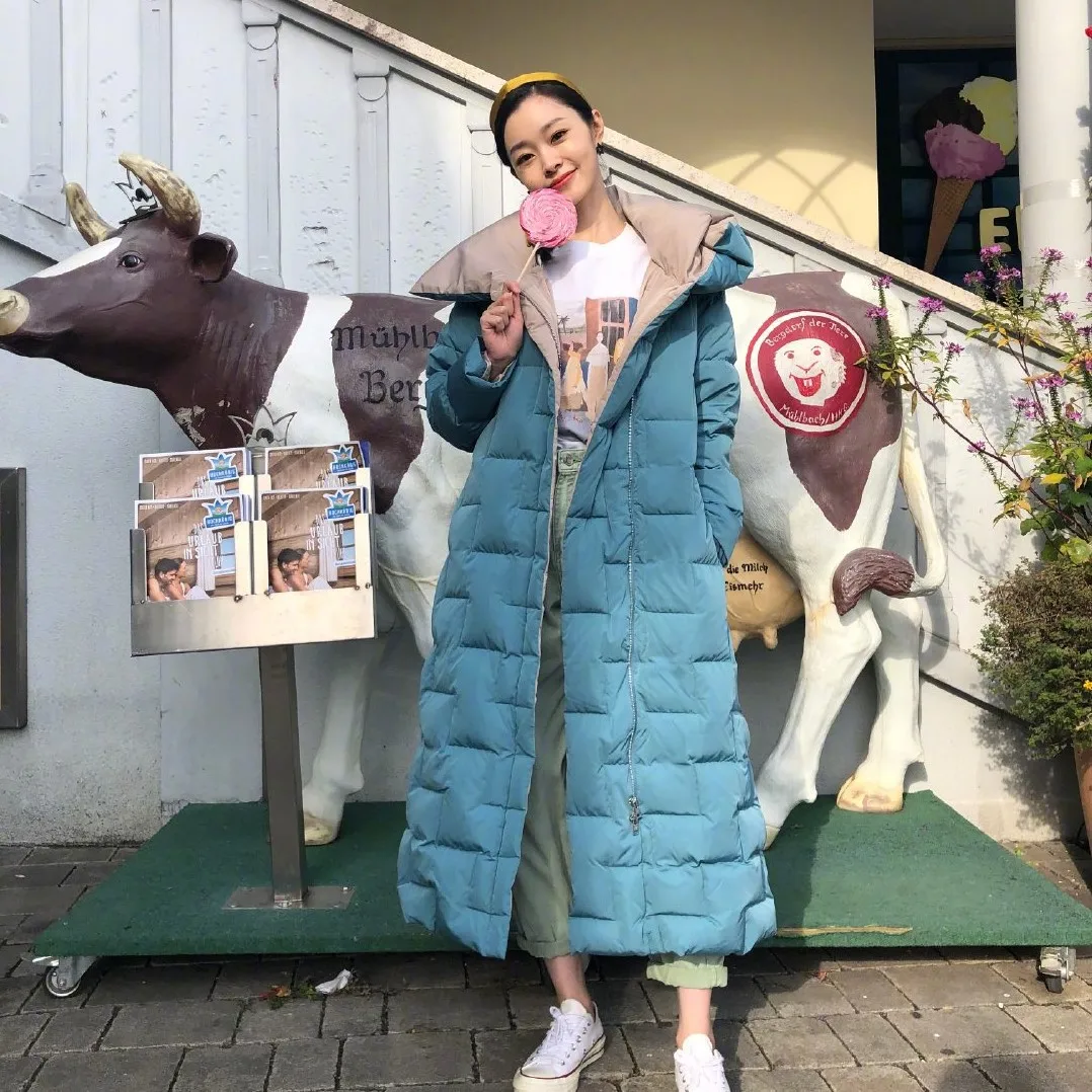 

2019 Autumn And Winter New Style WOMEN'S Dress Song Yi Celebrity Style Light Blue Cotton Overcoat Elegant Slimming Thick Warm do