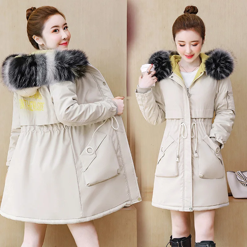 

2019 Winter New Style Korean-style Embroidered Hooded Cotton-padded Clothes Women's Mid-length Large Fur Collar Slimming Thick C