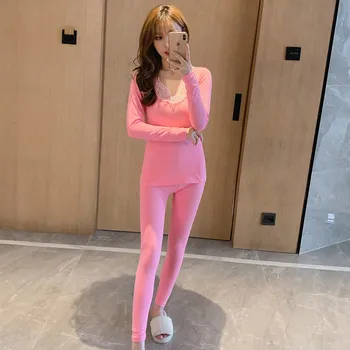 

New Style Warm Pajamas WOMEN'S Suit plus Velvet Long Sleeve Lace Women's Winter Tracksuit Sexy Slim Fit Base Shirt Pants